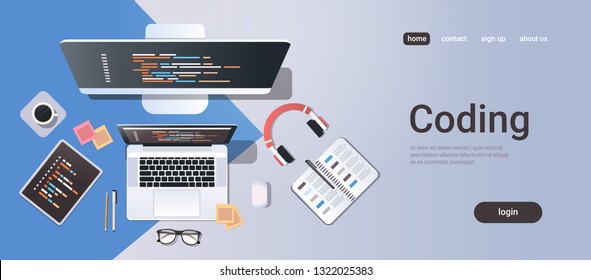 web site design development program coding concept top angle view desktop computer monitor tablet laptop screen organizer office stuff horizontal copy space