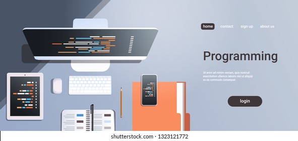 web site design development program code programming concept top angle view desktop computer monitor tablet smartphone screen organizer office stuff horizontal copy space