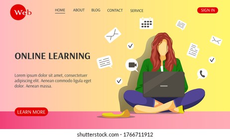 Web site design for different online schools. Woman is seating with laptop and learning online. Vector illustration.