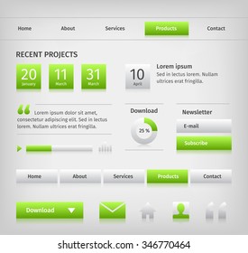 Web site design elements with green hover. Calendar and horizontal navigation bar. Buttons and media player.