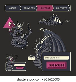 Web site design menu navigation elements, subscription and search form In fantastic style with dragons vector illustration