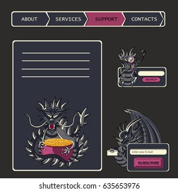 Web site design menu navigation elements In fantastic style with dragons vector illustration