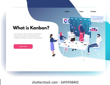 Web site design template. Agile methodology: SCRUM or Kanban for project management concept. Group of workers sitting around table near the task board with sticky notes. Vector illustration.