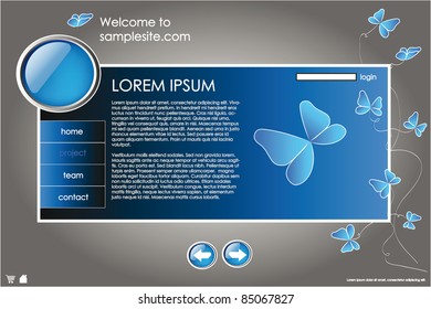 web site design template for company with blue background, white frame, arrows and butterflies