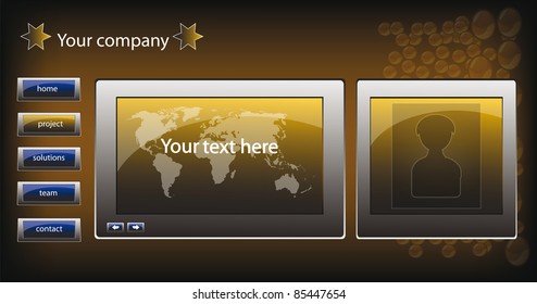 web site design template for company with dark background and map of the world and glossy buttons