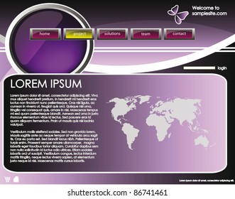 web site design template for company with purple background, white frame, arrows and world map