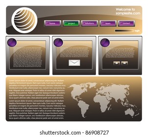 web site design template for company with black glossy background, white frame, arrows and world map