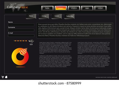 web site design template for company with dark background, white frame, arrows and world map