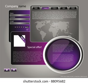 web site design template for company with silver background, frame, arrows and world map