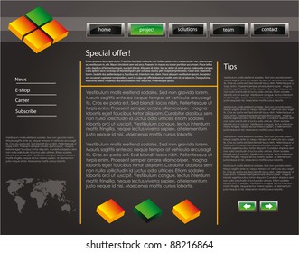 web site design template for company with dark background, world map and glossy buttons