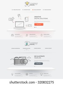 Web site design template navigation elements: Set of two front pages of website with personal company concept logo and icons