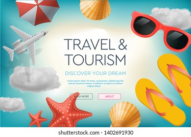 Web site design template on the theme of travel, vacation, adventure. Landing page concepts for website and mobile development, vector illustration.