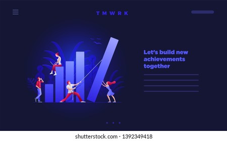 Web site design template. Vector illustration people are building a new achievements with graph bars. Business teamwork concept. People characters are working together. 