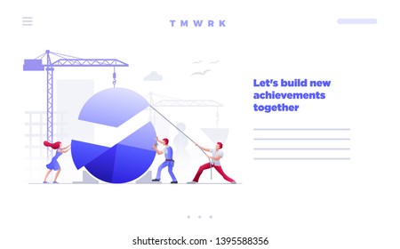 Web site design template. Vector illustration people are building a new achievements with pie graph. Business teamwork concept. People characters are working together. 