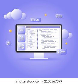 web site development. coding and programming on the monitor screen. vector 3d illustration on purple background.