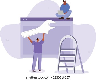 Web site development concept.Developers solving errors and bugs.Flat cartoon vector illustration.