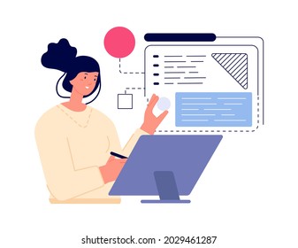 Web site development. Girl programmer or digital designer. Student working with tablet. Woman work with abstract charts vector concept