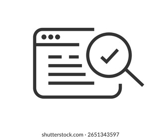 Web site document review icon simple graphic line art stroke, website webpage quality content proofread check mark sign symbol pictogram, thin linear fraud audit search research checkmark analysis