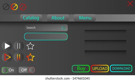 Web site elements set. Colorful UI buttons. On/off, search, buy, upload, download, cancel, play and stop buttons. Dark theme background with shadows set.