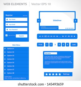 Web site elements template | color blue | abstract vector design | web page | icon login register slideshow pagination video player search bar form options steps vertical menu buttons comments icons