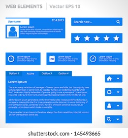 Web site elements template | color blue | abstract vector design | web page | icon login register slideshow pagination video player search bar form options steps vertical menu buttons comments icons