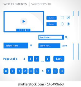 Web site elements template | color blue | abstract vector design | web page | icon login register slideshow pagination video player search bar form options steps vertical menu buttons comments icons