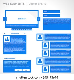 Web site elements template | color blue | abstract vector design | web page | icon login register slideshow pagination video player search bar form options steps vertical menu buttons comments icons