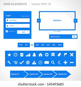 Web site elements template | color blue | abstract vector design | web page | icon login register slideshow pagination video player search bar form options steps vertical menu buttons comments icons