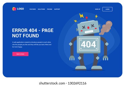 Web site error 404 with a broken robot. home button. character vector illustration.