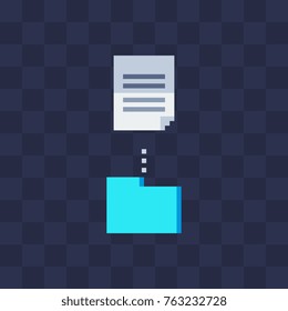 Web site flat icons. Folder and sheet of paper. Pixel art. Download icon. Isolated vector illustration. Old school computer graphic style.