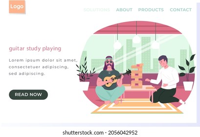 Web site with guitar study playing. Man sitting with tower game. Men perform and listen to music. Guys are playing board game with tower of wooden bars. People have fun and spend time at home