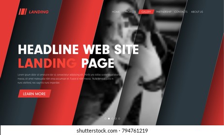 Web site header template with diagonal hovering lines and a place for photos. Modern design landing page with buttons. Vector illustration.