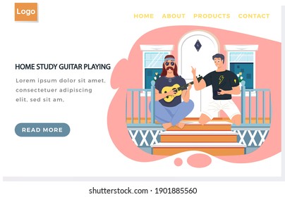Web site with home study guitar playing. Men sitting together on doorstep of their house and singing. Landing page template. Musicians communicate and spend time together outdoors vector illustration