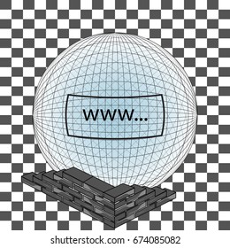 Web site icon, ball sphere around the world and brick architecture on isolated background, vector illustration