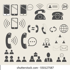 Web site icons set. Contact us. multimedia and communication. Set of universal icons for web, mobile, smartphone, vintage mobile gadgets. globe, computer mouse arrow. vector isolated illustration. WWW