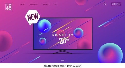 Web Site Landing Page With 3d Smart Tv Illustration And Interface Elements, Gadget Advertising Promo Banner In Ultraviolet Neon Colors With New Label