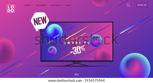 Web site landing page with 3d smart\
tv illustration and interface elements, gadget advertising promo\
banner in ultraviolet neon colors with new\
label