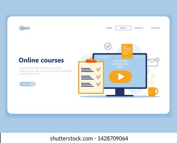 Web site, landing page template of online technologies. E-learning, education, planning, online working, video courses, studying languages, social netwotks etc. Flat concept vector illustration