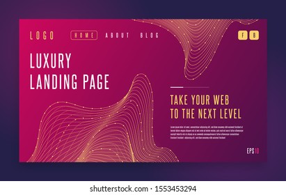 Web site Landing page template with modern abstract gradient golden wave forms background. Glowing shining dots lines shapes, Luxury Style concept. EPS 10 vector illustration