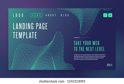 Web site Landing page template with modern abstract gradient wave forms background. 3d glowing shining dots lines shapes. Artificial Intelligence digital Big Data concept. EPS 10 vector illustration