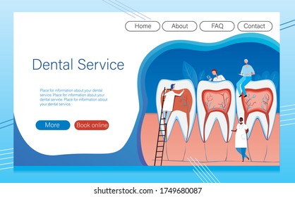 Web site layout on a blue and white background for a dental or orthodontic company. Flat vector stock illustration with dentists, teeth and pulpitis treatment as an internet landing page template