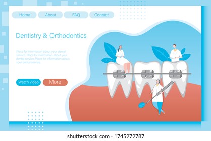 Web site layout for stomology or orthodontics with doctors, mmolars and braces for landing. Stock vector flat illustration or orthodontic clinic home page template as a concept of braces installation