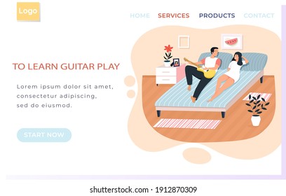 Web site with learn guitar playing. Couple playing musical instrument. People singing together. Landing page template. Cartoon character creates music. Musician playing strings on instrument