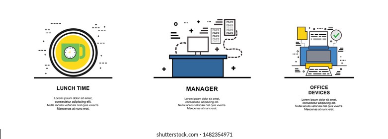 Web site linear art onboarding screen template. Office, document, printa and lunch time. Menu banners for website and mobile app development. Modern design flat illustration.