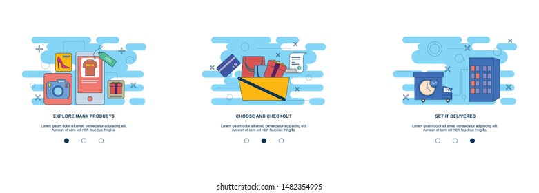 Web site linear art onboarding screen template. Shopping, market, delivery. Menu banners for website and mobile app development. Modern design flat illustration.