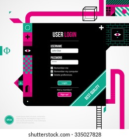 Web site login form in weird geometric style with abstract shapes and flashy colors. EPS10 vector template