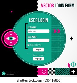 Web site login form in weird geometric style with abstract shapes and flashy colors. EPS10 vector template