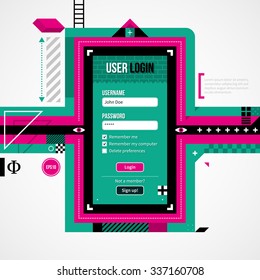 Web site login form in weird geometric style with abstract shapes and flashy colors. EPS10 vector template