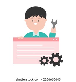 Web site maintenance. Worker holding tool. Vector illustration