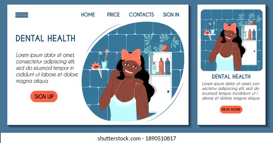 Web site mobile app template. Dental health daily routine. Young african dark skinned woman flossing her teeth in the bathroom. Stock vector flat concept illustration for landing page ui ux design.